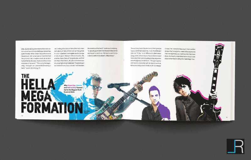 Hella Mega Tour Spread 4: Juxtaposed photo and illustration of the band members